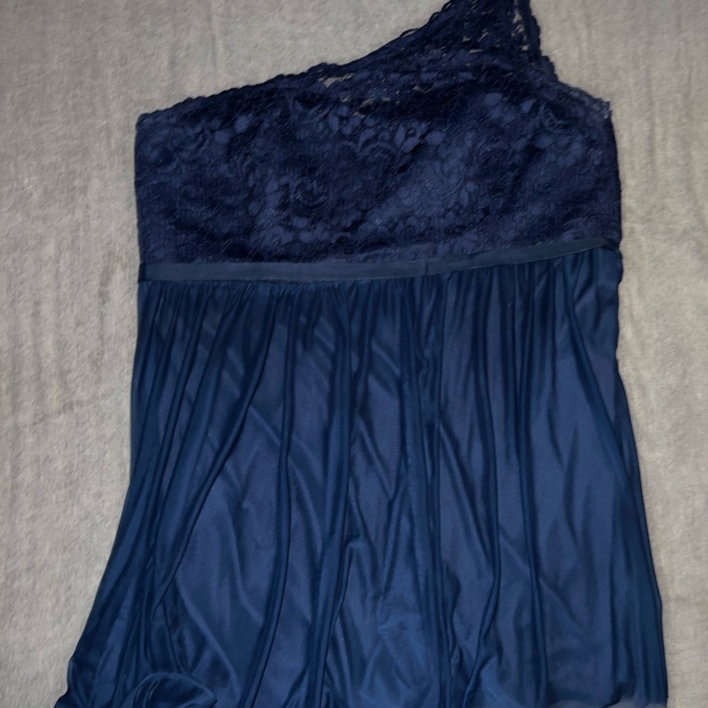 David’s bridal navy Lace and chiffon one shoulder plus size cocktail dress